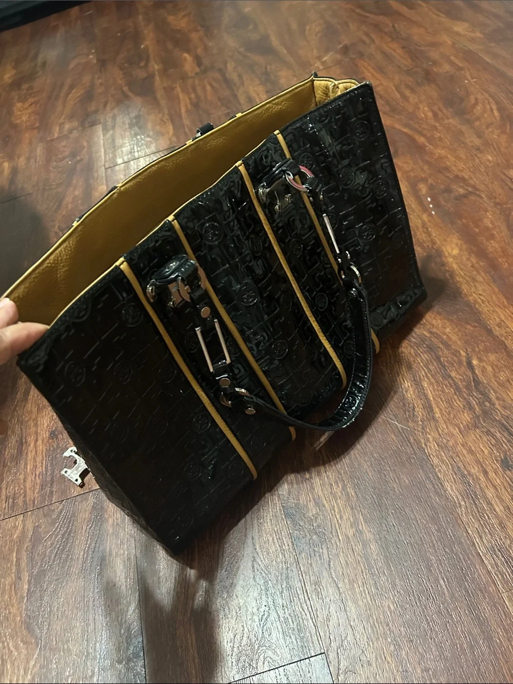 Tory Burch Black Patent Leather Tote with Tan Trim and Logo Embossing